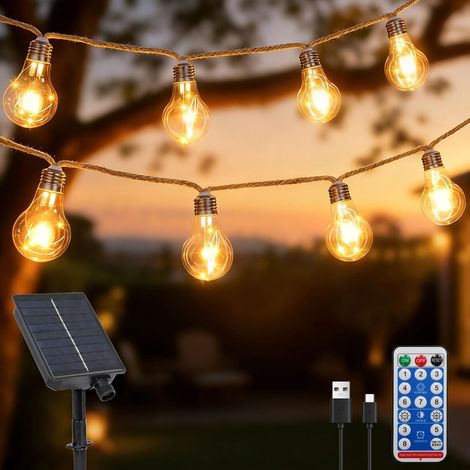 Guirlande lumineuse solaire d'extérieur en corde de chanvre avec minuteur à distance, 10 m, guirlande lumineuse solaire avec 20 ampoules S17 incassables, guirlande lumineuse navette étanche pour (1/5)