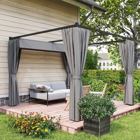 REDOM - Pergola 300x300x227 cm, tetto retrattile, 4 tende, struttura in metallo, grigio chiaro (1/5)