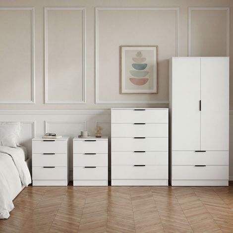Trega Bedroom Furniture Set 4pc – 2x 3 Drawer Bedside, 5 Drawer Chest & 2 Door Wardrobe, White