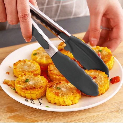 Pinces de cuisine pour la cuisson Pinces de 23 et 30 cm avec embouts en silicone Pinces antiadhésives en silicone pour friteuse à air Noir, lot de 2 (1/4)