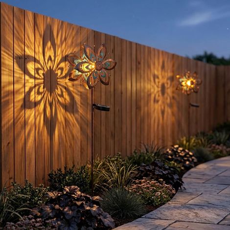 Gartendeko LED Solarlampe Windrad Terrassenlampe Außenlampe Erdspieß, Metall gold blau, Bruchglas, LxH 22,5 x 92 cm, 2er Set (1/5)