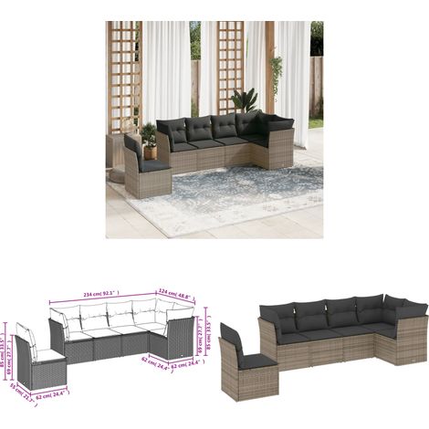 6-tlg. Garten-Sofagarnitur mit Kissen Grau Poly Rattan - Gartensofas - Outdoor Möbel - Lounge Set - Rattan Sofa - Gartenlounge - Home & Living