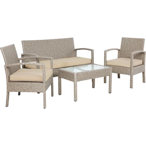 CASARIA® 7pc Weatherproof Polyrattan Garden Furniture Set Suitable for up to 4 People Outdoor Patio Seating Group with 2 Armchairs, Bench, 3 Cushions, & Frosted Glass Top Table Cream (1/5)
