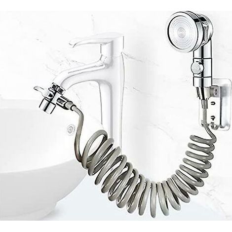 Ensemble Pommeau Douche pour Lavabo, Douchette de Salle de Bain, Tuyau Télescopique, Parfait pour Laver les Cheveux ou Nettoyer le Lavabo (Robinet pas Inclu) (Argent) (1/4)