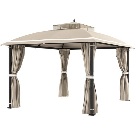 Gazebo 3,7x3m avec moustiquaire, rideaux latéraux, double toit, beige