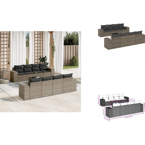 Salon de jardin 9 pcs avec coussins gris résine tressée - Ensemble Salon De Jardin - Meuble De Jardin - Résine Tressée - Rotin Synthétique - Mobilier Extérieur (1/3)