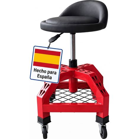 Relaxdays taburete de taller con respaldo, ruedas, regulable, 136 kg, 50x40x40 cm, pistón de gas, metal, rojo (1/5)