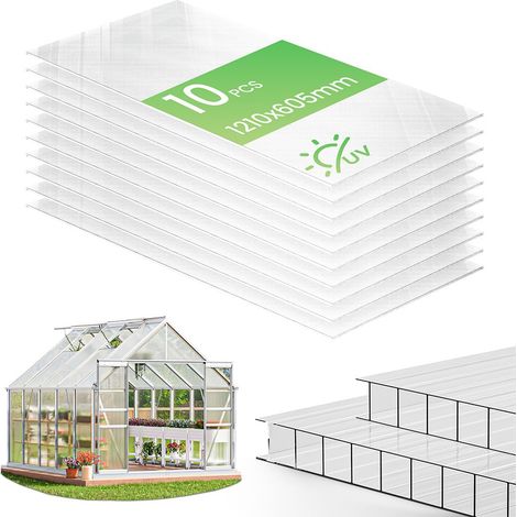 Lot de 10 Plaques Polycarbonate Alvéolaire 6mm Plaque à Double Paroi 60.5x121cm Transparentes Résistantes UV pour Serre Jardin Abri Bricolage et Terrasse (1/5)