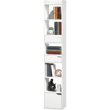 Schmale Bücherwand 32 x 24 x 181,5 cm mit Tür, 2 Schubladen und offenen Fächern, weiß