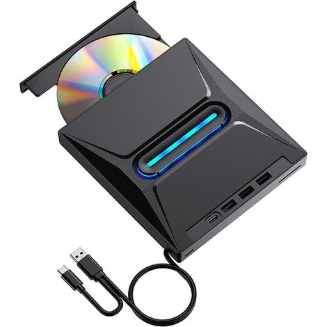 Lecteur CD/DVD externe USB 3.0, lecteur CD/DVD +/-RW portable haute vitesse avec lecteur de carte SD, graveur de CD-ROM et connexion USB-C (1/5)