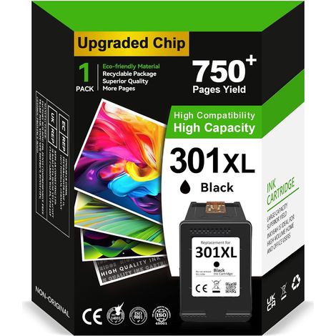Cartouche 301 XL Noir, Encre 301 Noir Remplacement pour HP 301 Noir, Cartouche Imprimante 301 XL pour DeskJet 3050 1050 J410 2544 Envy 4500 4504 OfficeJet 2620 4630 4632 4634 (1/5)