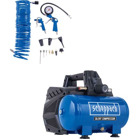Scheppach Compresseur d'air silencieux HC06SI- Compresseur vertical - Pression 10 bar - Cuve 6L - Puissance d’aspiration 230 L/min - Sans huile - 14 accessoires inclus