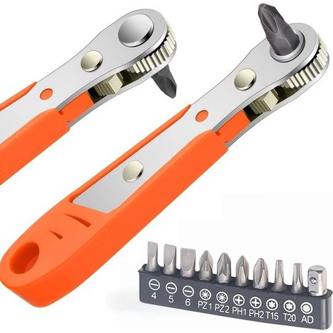 Mini llave de carraca, Destornillador Phillips magnético, Angulado, Accionamiento de 1/4 de pulgada, Alto par, 11,4 cm, Incluye juego de puntas (1/5)