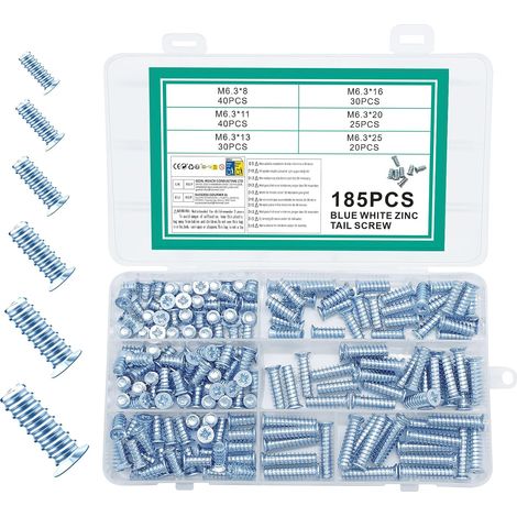 185 Pcs Vis Euro, Vis sans Tête pour charnières de porte, tiroirs, coulisses, placards, portes, armoires, charnières de meubles de cuisine, M6,3 x (8 x 11/13/16/20/25) mm (1/5)