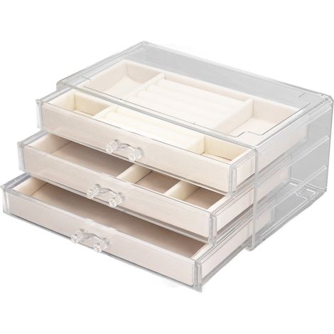 Coffret de rangement pour bijoux en acrylique transparent et beige, tiroir de bureau, organiseur pour boucles d'oreilles et colliers (1/5)