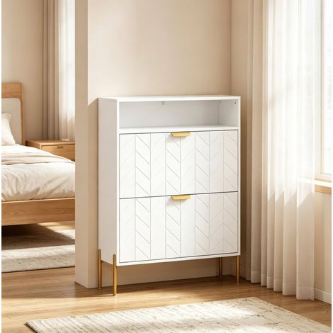 Zapatero (80x23.7x110 cm), para 12 a 16 pares, con estante abierto, patas de acero, MDF y tablero aglomerado blanco (1/5)