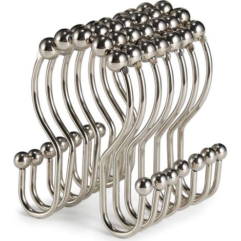 Lot de 12 Crochets de Rideau de Douche en Acier Inoxydable antirouille avec Double Crochet Coulissant Anti-Chute pour Rideau de Douche de Salle de Bain (Nickel) (1/5)