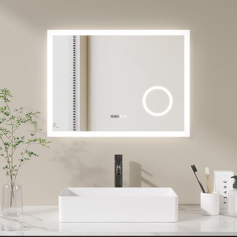 AQUABATOS LED Badspiegel 80x60 cm mit Touch Sensor, dimmbar, Antibeschlag, Kaltweiß 6400K, inkl. Kosmetikspiegel (1/5)