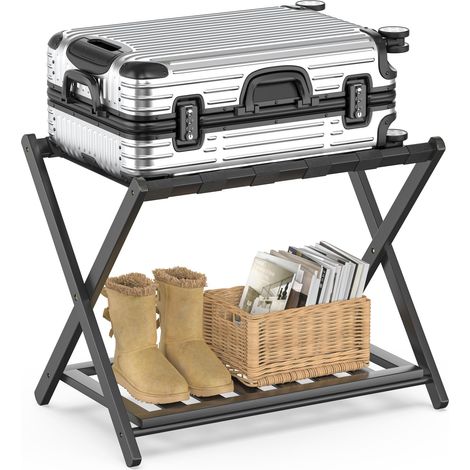 Porte-bagages en bambou de 68 cm pour chambre d'amis, support de valise avec étagère de rangement, porte-bagages pliable pour chambre à coucher, hôtel (1/5)