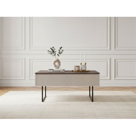 Bobochic – Table basse fixe 100 cm – Beige effet bois avec tasseaux – 1 porte et étagère – Pieds en métal noir moderne (1/5)