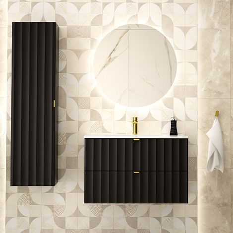 Conjunto mueble lavabo individual encastrado 80cm y columna Lexa Negro (1/4)