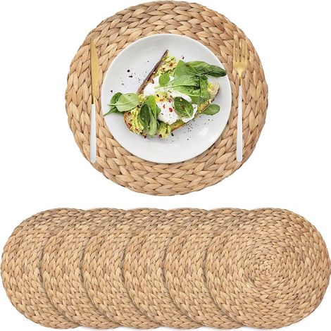 Lot de 6 Sets de Table, Rond en Osier Naturel, Hyacinthe d'eau, Tissé à la Main, Pour Salle à Manger
