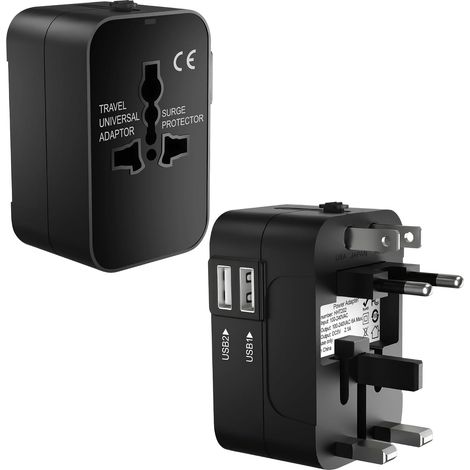 Adaptador de viaje universal con 2 puertos USB – toma de corriente de 110-240 V – Compatible con Reino Unido, EE. UU., (1/5)