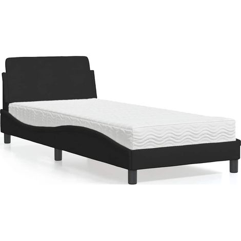 Lit 1 place avec matelas en mousse, tissu noir, 80 x 200 cm, tête de lit et sommier à lattes - PANGIVO (1/5)