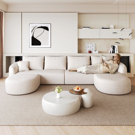 Canapé d’angle en U 336 cm blanc en tissu sans montage modulaire (1/5)