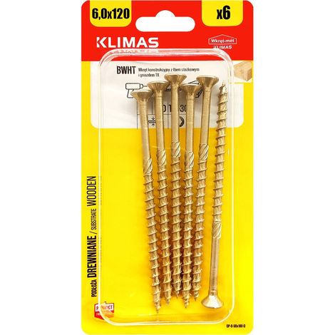 Vis Charpente Bois Klimas, 6 x 120 mm, Empreinte Torx, Tête Fraisée, Blister 6 Pièces (1/5)