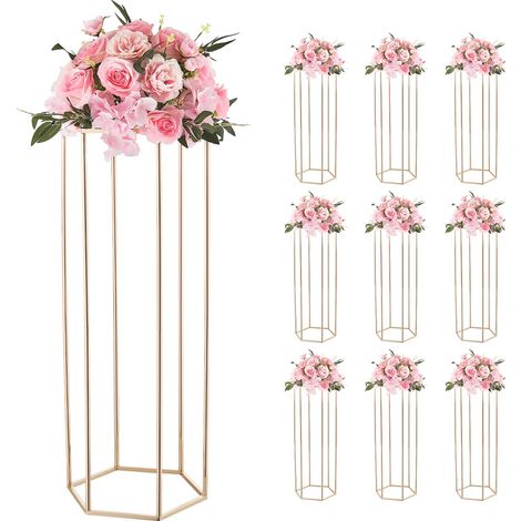 VEVOR Hochzeitsblumenständer 310x270x800 mm, 10 Stk. Blumenständer mit Acrylablage & sechseckigen Beinen, Pflanzenhocker für Hochzeiten, Partys, Geburtstage, Zuhause, Tischdekorationsständer, Rosegold (1/5)