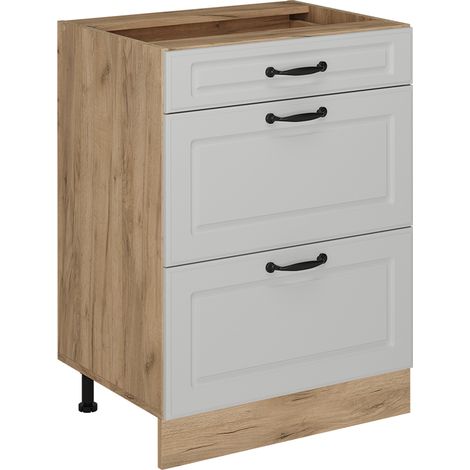 Mueble bajo de cocina R-Line, Blanco casa de campo, 60 cm con cajones, sin encimera, Vicco
