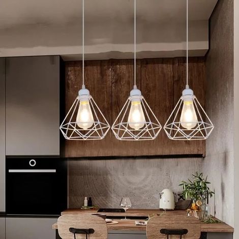 Lampe Suspension Industrielle en Métal Cage Blanc Plafonnier Luminaire Vintage pour Salon Chambre (1/4)