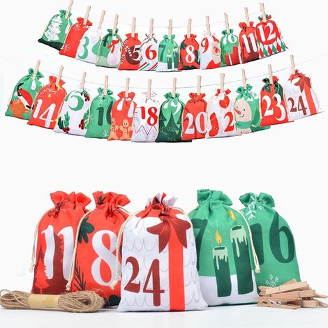 Befüllbarer Adventskalender aus Stoff, 24 leere, wiederverwendbare Wandbeutel für Weihnachtsgeschenke und Weihnachtsdekoration