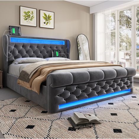 Bett Doppelbett 160x200 cm in grauem Samt, mit LED, Kopfteil mit USB und Typ C, hydraulischem Stauraum (1/5)