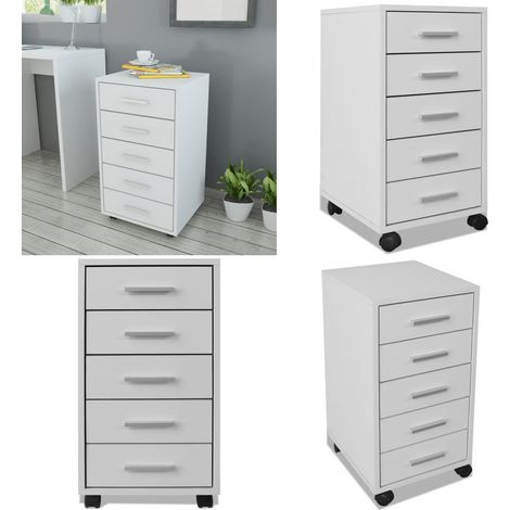 Vidaxl – Caisson à tiroir de bureau blanc 5 tiroirs – Bois d'ingénierie, poignées en aluminium – 4 roulettes dont 2 avec freins – Dimensions 33x38x63 cm (1/5)