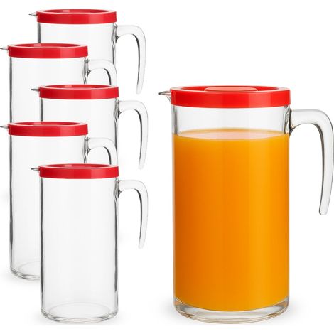 6 Caraffe in vetro da 1 litro con coperchio rosso, beccuccio antigoccia e manico ergonomico - Brocca lavabile in lavastoviglie, perfetta per acqua, su (1/5)
