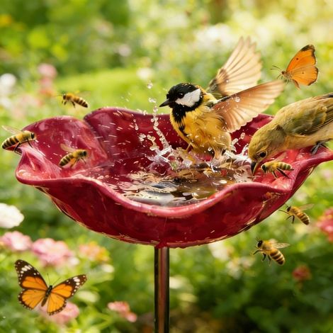 Piquet de jardin en métal fait à la main avec bain d'oiseaux et station d'eau pollinisateur, mangeoire à eau papillon et abeille avec motif floral, bol de bain coloré pour oiseaux, cour, pelouse (rose (1/5)