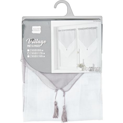 Douceur d'Intérieur 1620387 - Doppia tenda in voile con pompon, 60x120 cm, colore: Bianco/Grigio