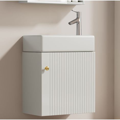 Waschbeckenunterschrank hängend modern Weiß MDF 46 cm mit Keramikwaschbecken und 1 Tür Soft-Close (1/5)
