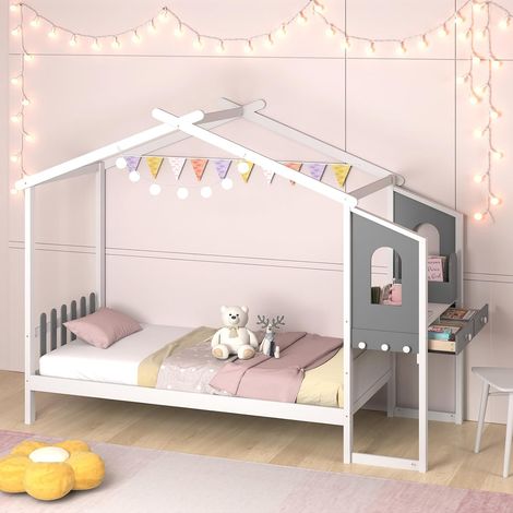 GOPLUS Structure de Lit 200x90CM avec Bureau d’Étude sur le Côté et 2 Tiroirs-Aucun Sommier Nécessaire-253x102x193CM Blanc (1/5)