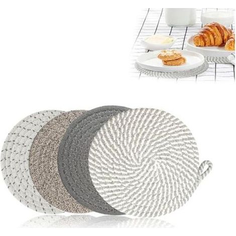Protege Poele 4 Pièces Dessous de Plats, Sets de Table Ronds, Tapis de Protection Thermique, Fil de Coton Sous Plat Casserole Chaude, Maniques Tissées pour Maison, Restaurant (1/5)