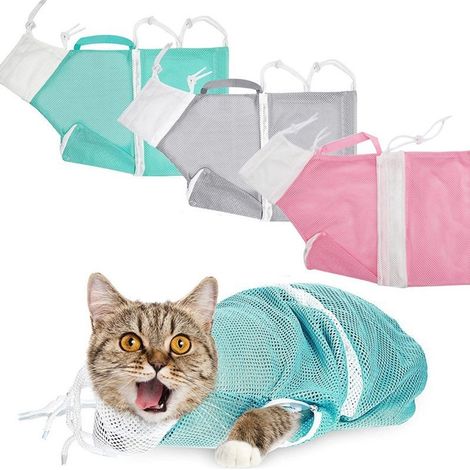 Ensemble de toilettage pour chat - Harnais de bain ajustable 3 pièces - Sac de lavage anti-griffures pour la coupe des griffes 60 x 32 cm Vert Rose Gris (1/5)