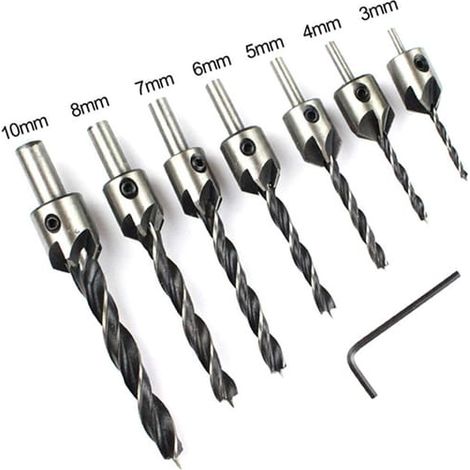 7pcs HSS 5 Fraise Foret Mèche Perceuse Bois Chanfrein 3-10mm Clé (1/4)