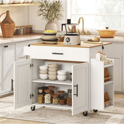 Isola cucina 120/68/85 cm bianca con piano ribaltabile, cassetto e rotelle (1/5)