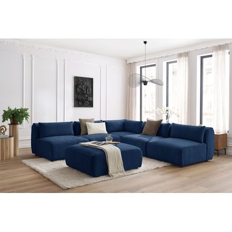 BOBOCHIC - Canapé d'angle fixe modulable JEANNE tissu texturé avec 4 chauffeuses, 1 angle et 1 pouf Bleu foncé (1/5)