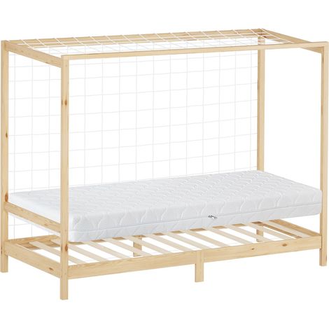 ML-Design Cama Infantil 90 x 200 cm en Forma de Portería de Fútbol Balonmano + Colchón 16cm Madera de Pino Natural, Cuna Individual para Niño con Somier de Láminas y Red Litera Maciza Juvenil de Juego