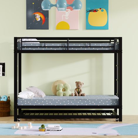 Lit superposé 90×200 cm en fer noir,lit de camp avec lit amovible,hautes rambardes,certifié EN747,construction robuste et sécurisée