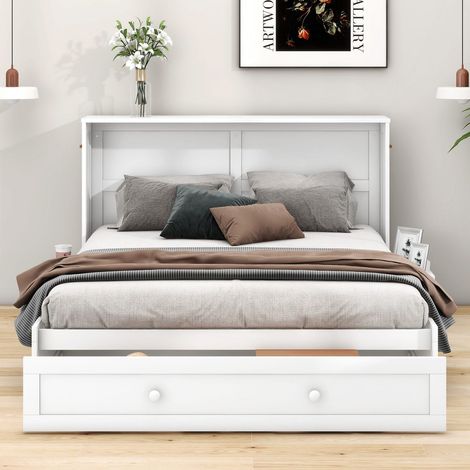 Lit plateforme transformable 140x200 avec tiroirs au bout et étagère latérale – lit moderne blanc (1/5)