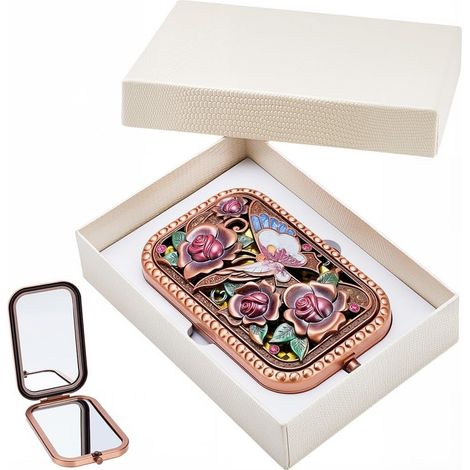 Miroir de Maquillage Vintage Compact et Pliable en Métal avec Verre Normal et Loupe Motif Papillon et Rose Double Face Pochette Mini Coiffeuse Rétro à Motif Floral Cadeau de Voyage Idéal pour (1/5)